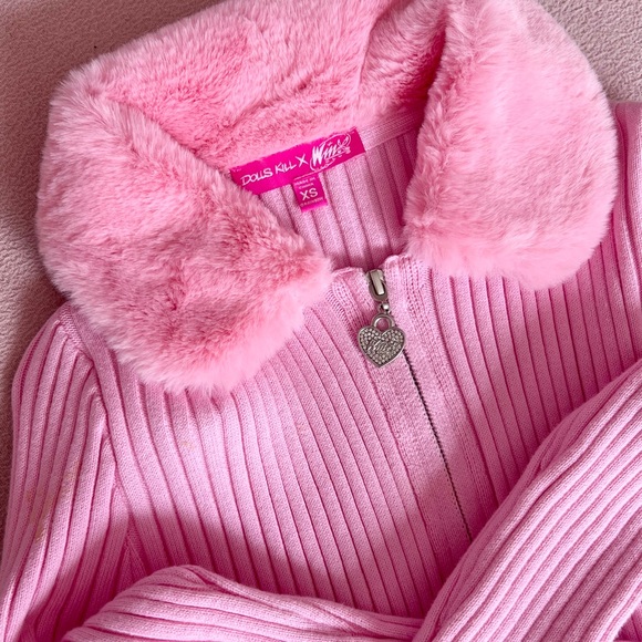 Dolls Kill x Sugar Thrillz Winx Club pink ribbed fur trim zip up sweater - Picture 3 of 3